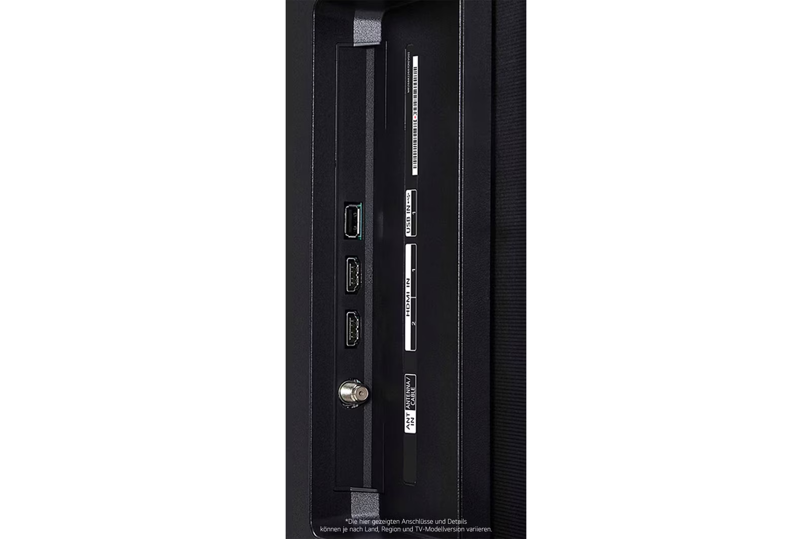 Nahaufnahme der TV-Rückseite. Zeigt verschiedene Anschlüsse: USB, HDMI, Antenne/Kabel. Schwarzer Hintergrund mit weißen Etiketten.