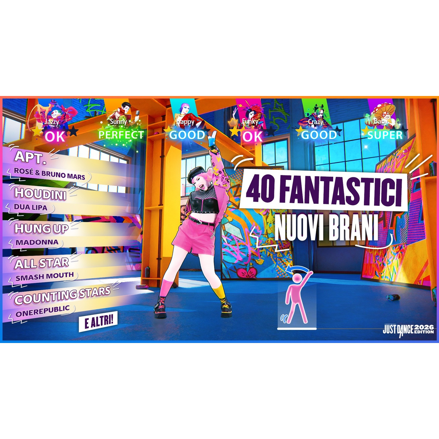 Una persona in rosa balla su un palco. L'immagine promuove "Just Dance 2026" con titoli di canzoni e punteggi.