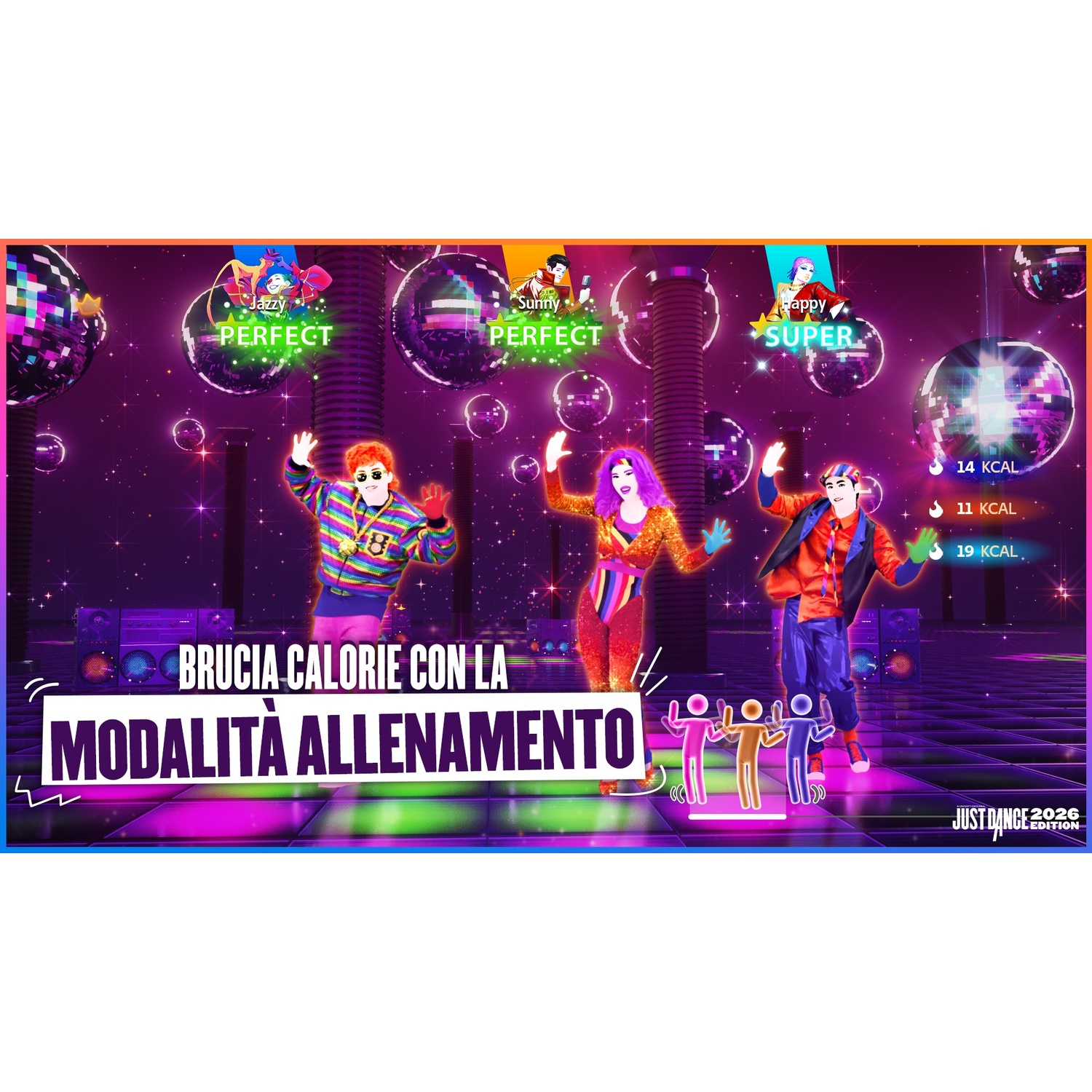 L'immagine presenta tre ballerini di un gioco, con una sovrapposizione di testo che indica la modalità allenamento. Sono visualizzate anche palle da discoteca e conteggi delle calorie.