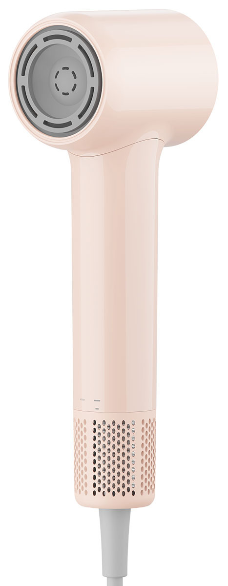 Egy rózsaszín hajszárító fehér háttérrel. Kerek feje szürke részletekkel, hosszú nyele és szürke zsinórja van.