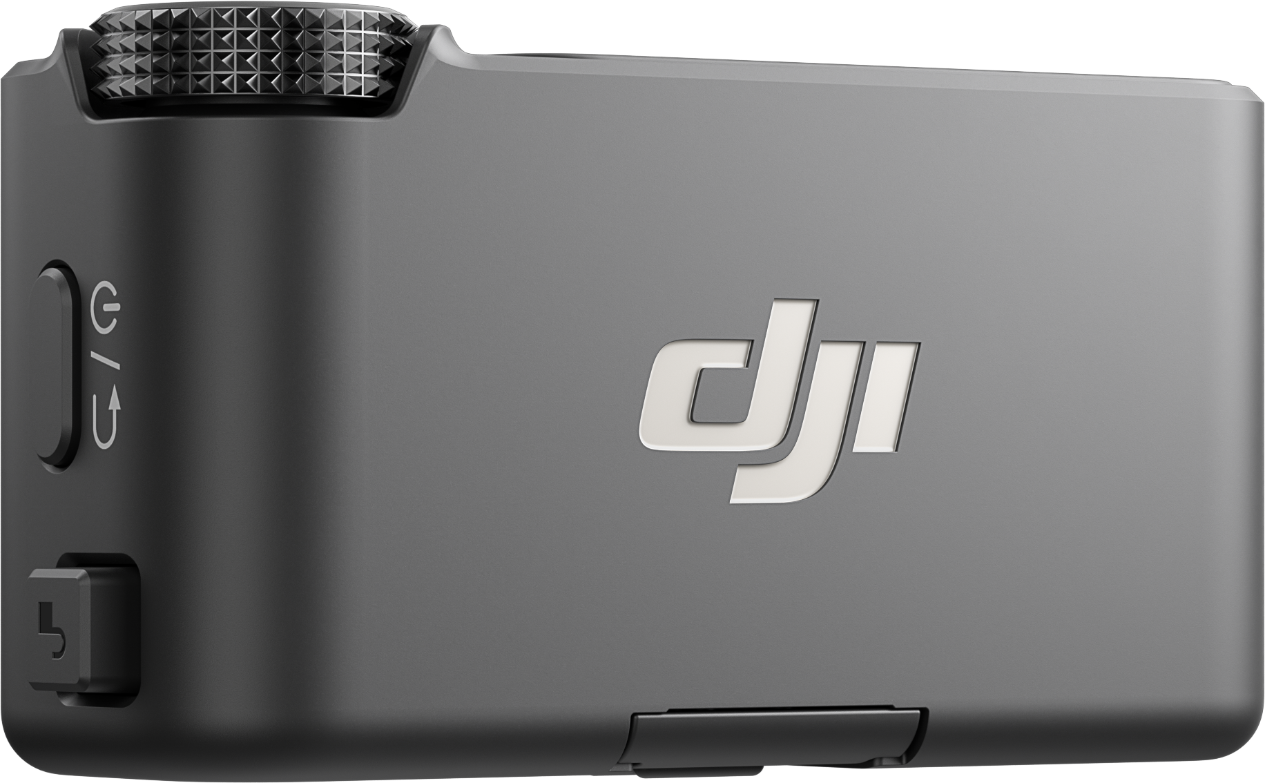 Un appareil DJI rectangulaire gris avec un cadran texturé, un bouton d'alimentation et un logo. Détails incluent un port et le logo DJI en blanc.