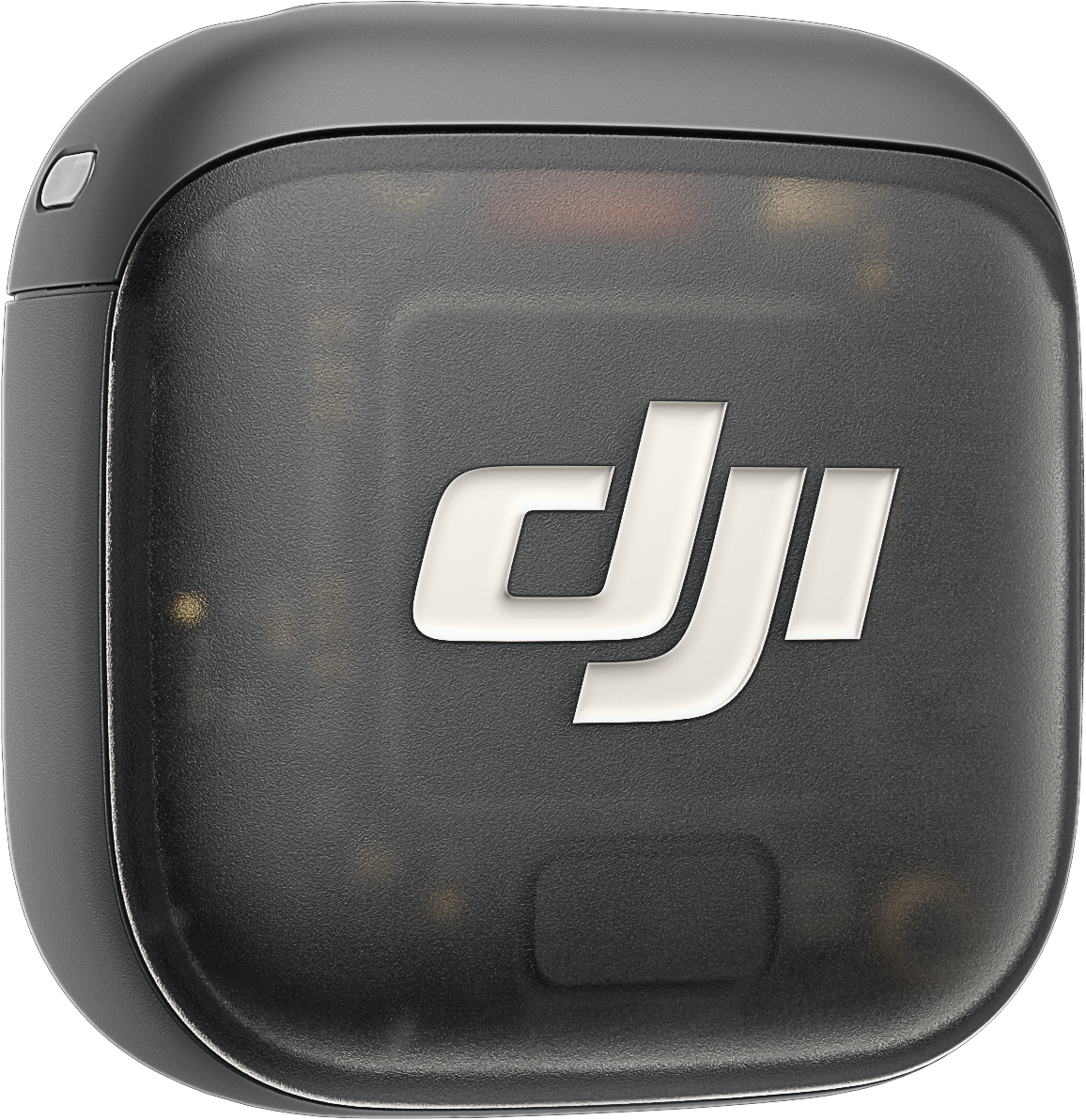 Appareil noir et arrondi avec le logo DJ blanc. Le boîtier est sombre, semi-transparent. Un petit bouton argenté est en haut à gauche.
