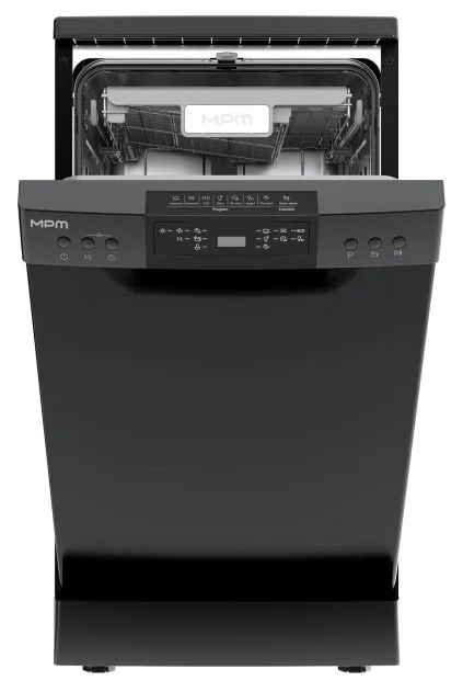 Czarna zmywarka MPM z otwartymi drzwiami. Panel sterowania widoczny. Widoczne wewnętrzne półki. Góra jest otwarta.