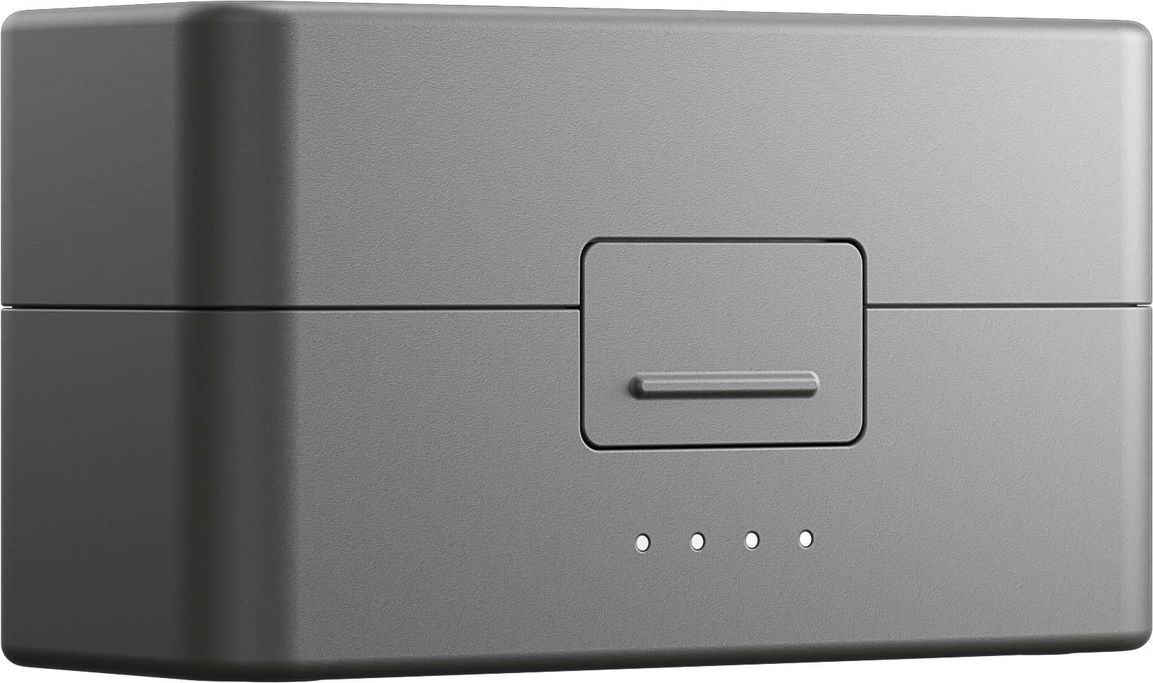 Un appareil gris rectangulaire avec un couvercle et un bouton. Trois petites lumières blanches sous le bouton.