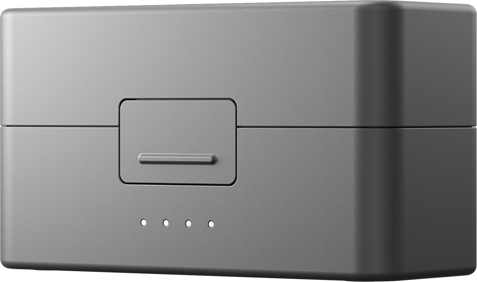 Un appareil rectangulaire gris avec un couvercle, un bouton encastré et trois voyants. Le fond est noir.