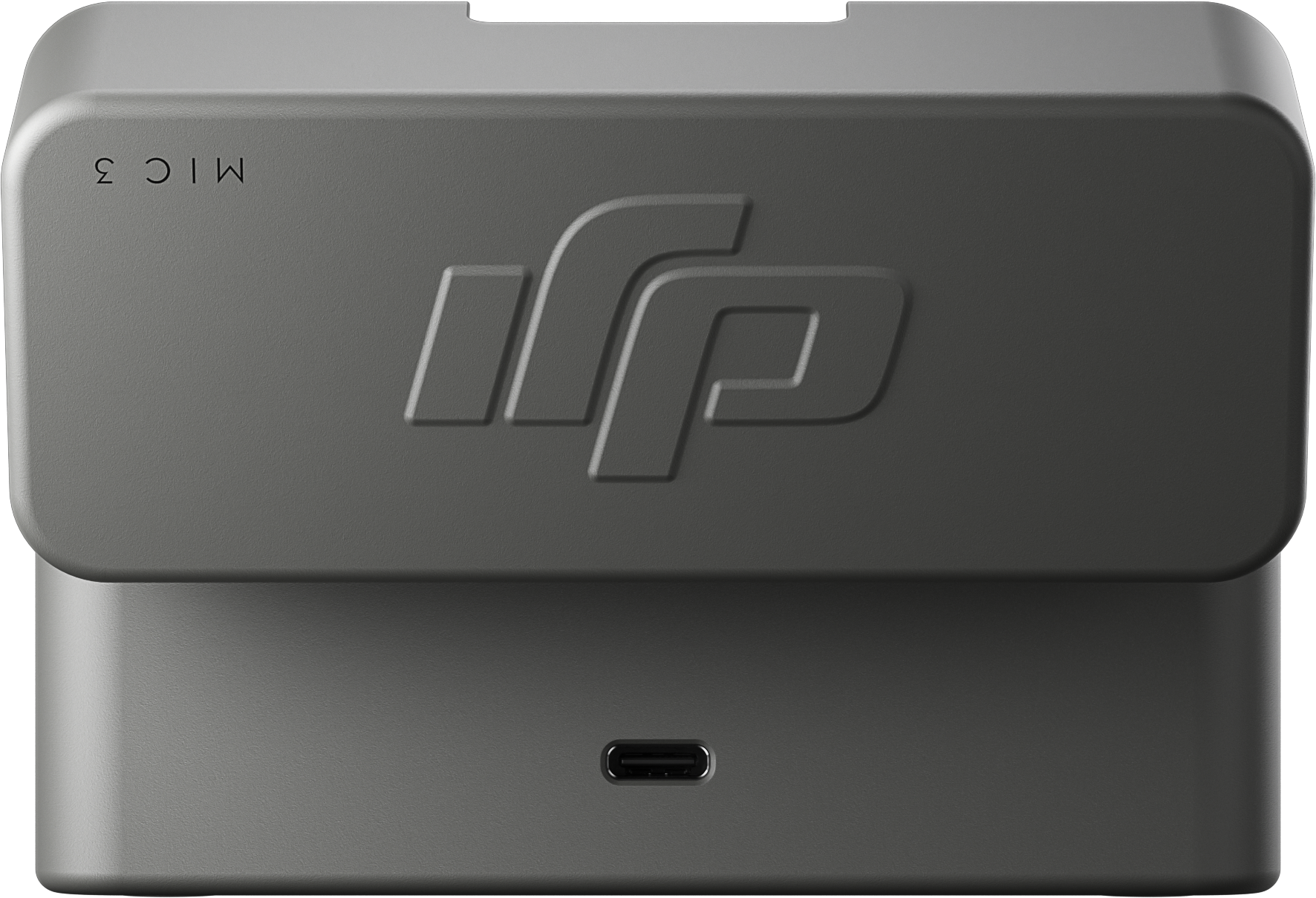 Un appareil rectangulaire gris avec un logo, le texte 'MIC 3' et un port USB-C. Fond noir.
