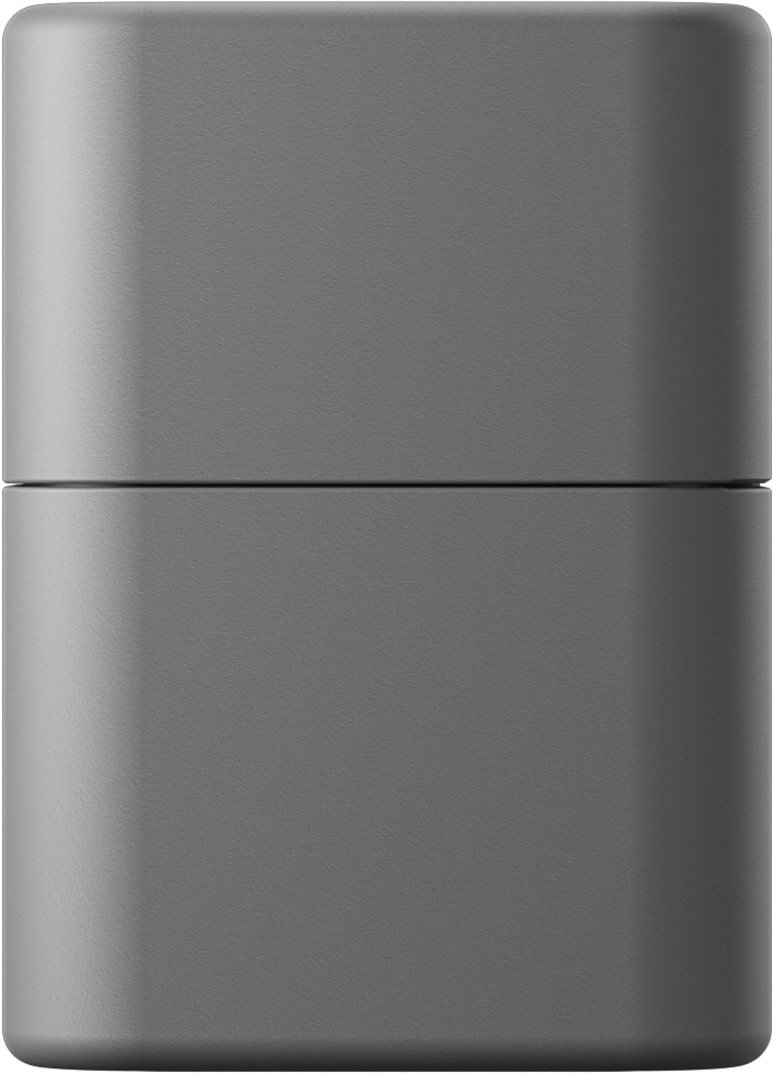 Un objet gris rectangulaire en deux parties avec des coins arrondis. Une fine ligne divise les sections supérieure et inférieure.