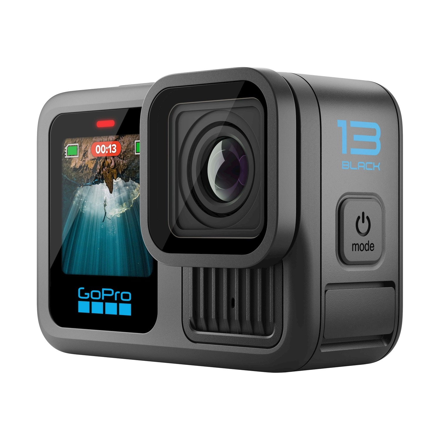 Telecamera GoPro nera, con schermo che mostra una scena subacquea. Ha un pulsante di accensione, un pulsante modalità e il numero 13 in blu.