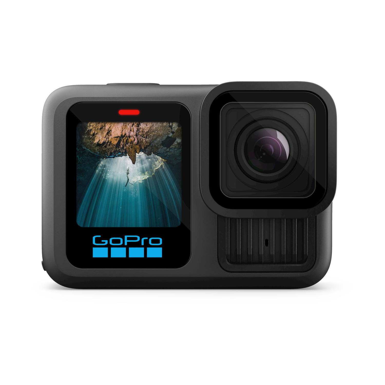 Una fotocamera GoPro nera. Lo schermo mostra un subacqueo sott'acqua con raggi di luce. Logo: GoPro. Una luce rossa è accesa.
