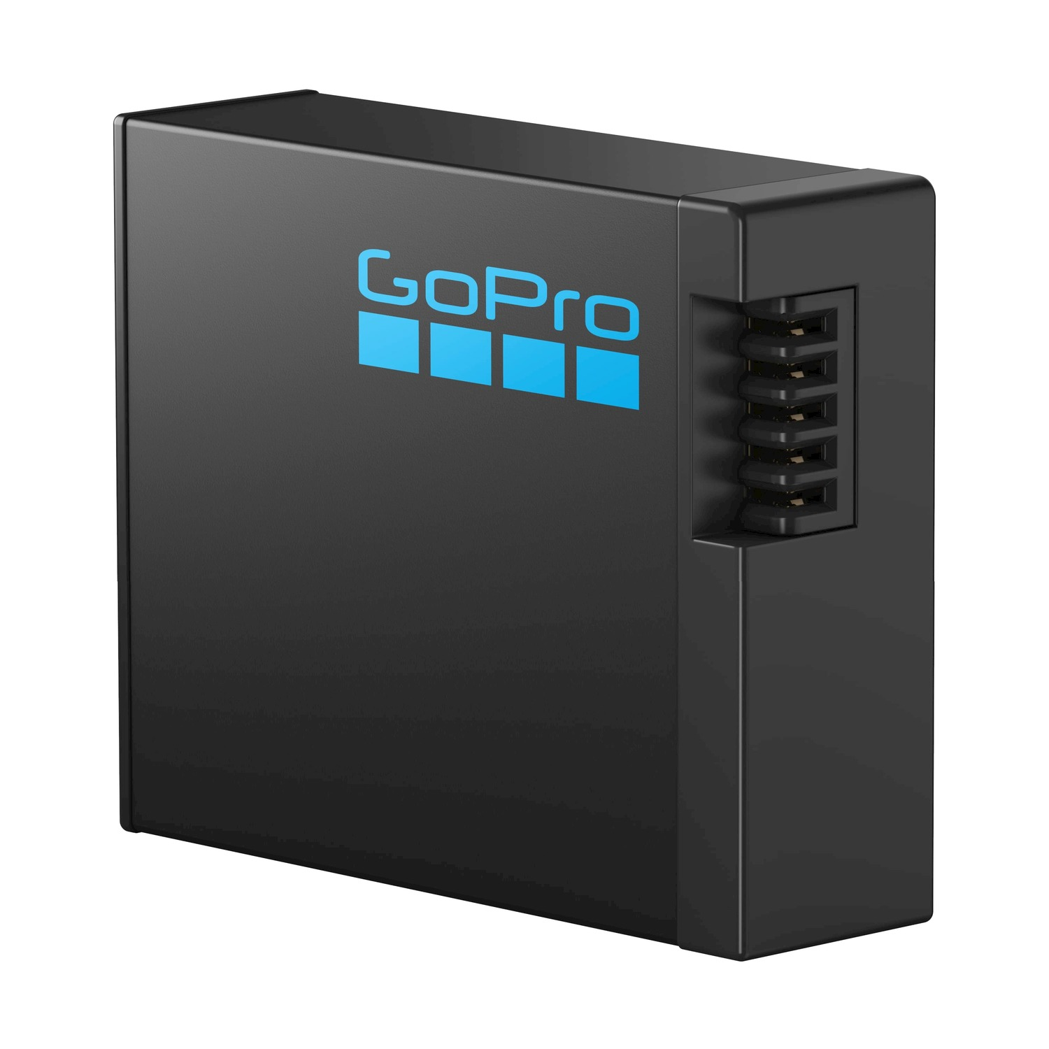 Un caricabatterie GoPro nero con logo GoPro blu. Ha una porta di ricarica laterale.