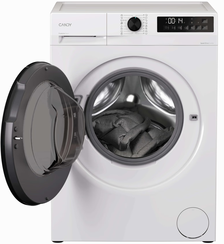 Eine weiße Candy-Waschmaschine mit offener Tür, die graue Kleidung im Inneren zeigt. Das Bedienfeld zeigt eine Digitalanzeige.
