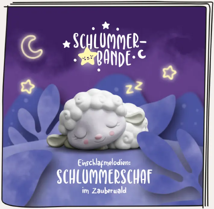 Una pecora dei cartoni animati che dorme su uno sfondo viola. Testo: 'Schlummer-Bande' e 'Schlummerschaf'. Stelle, luna e simboli Zz.
