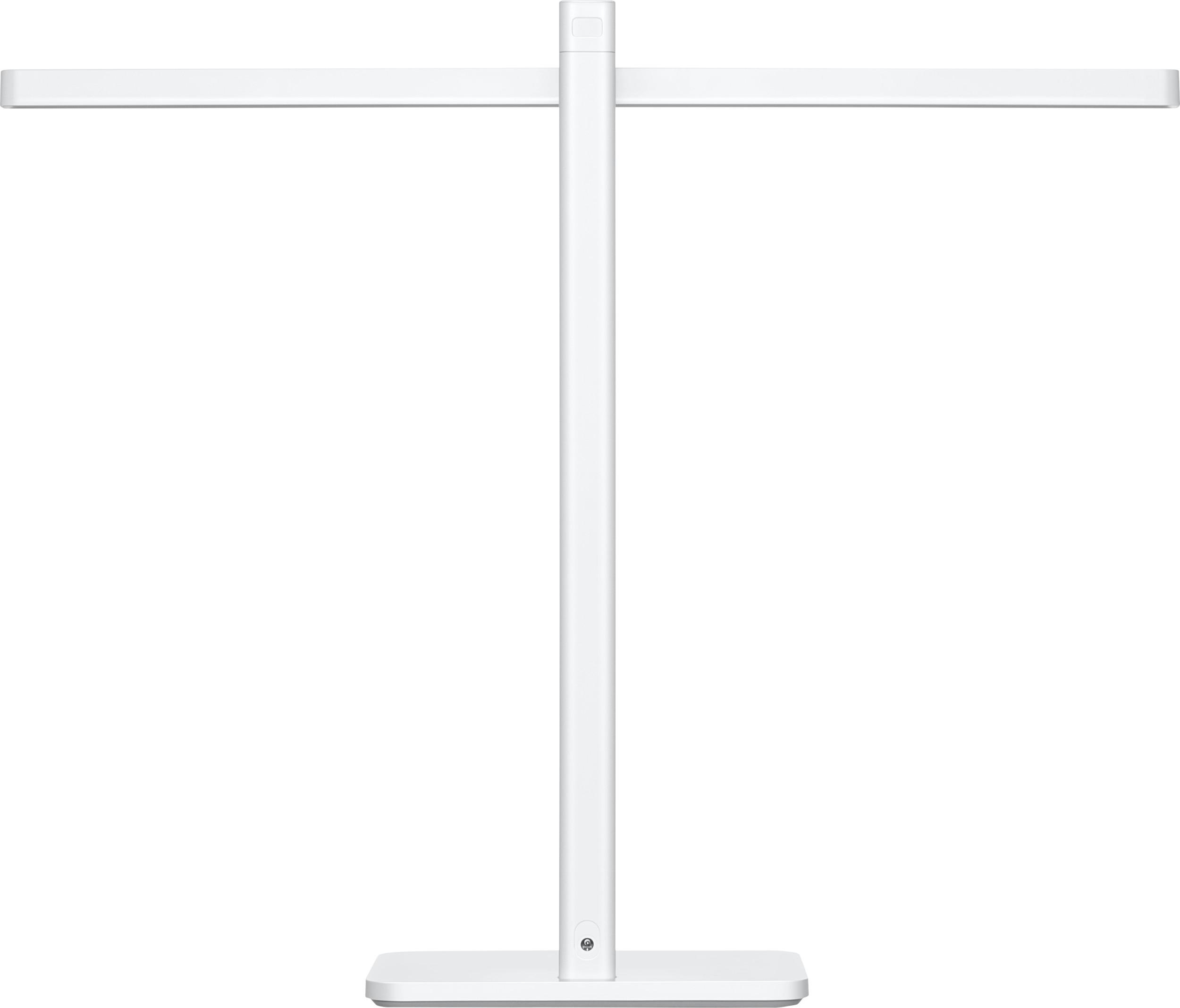 Eine weiße, moderne Schreibtischlampe. Sie hat einen vertikalen Pfosten mit einer horizontalen Leuchte oben.