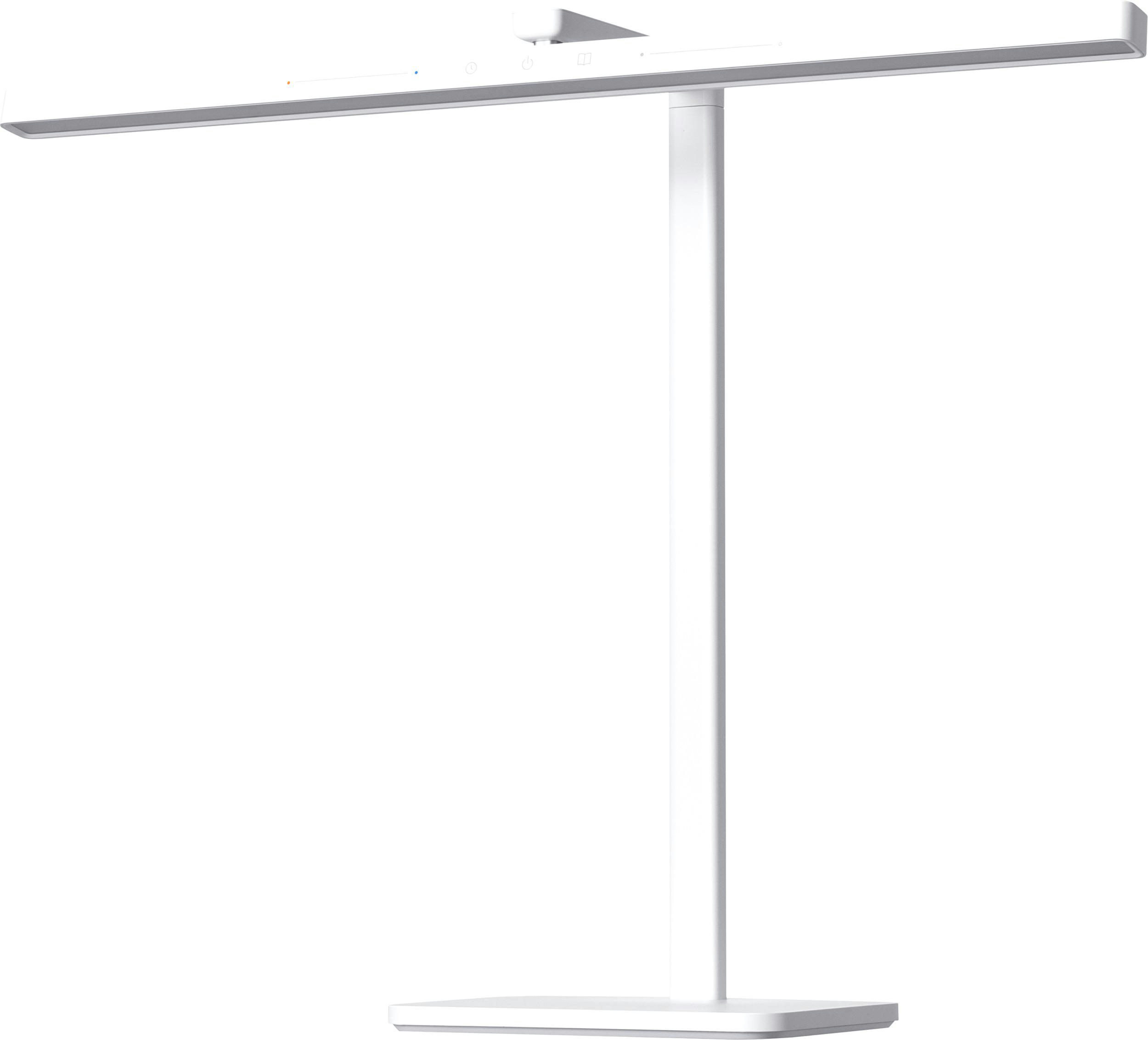 Eine weiße LED-Schreibtischlampe. Sie hat einen rechteckigen Kopf, einen vertikalen Pfosten und einen rechteckigen Sockel.
