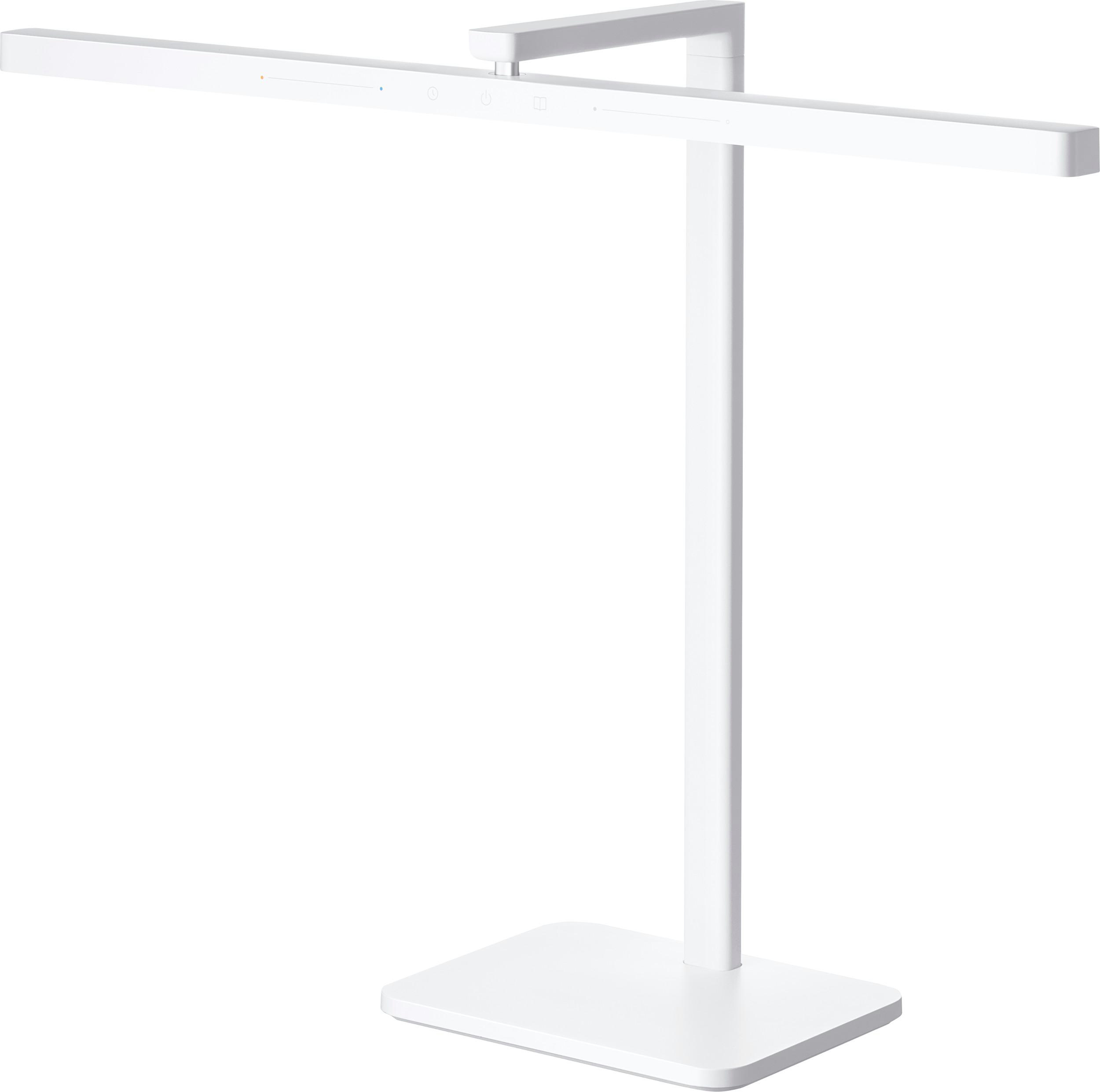 Eine moderne weiße Schreibtischlampe wird gezeigt. Sie hat einen quadratischen Fuß, einen vertikalen Arm und eine horizontale Lichtleiste.