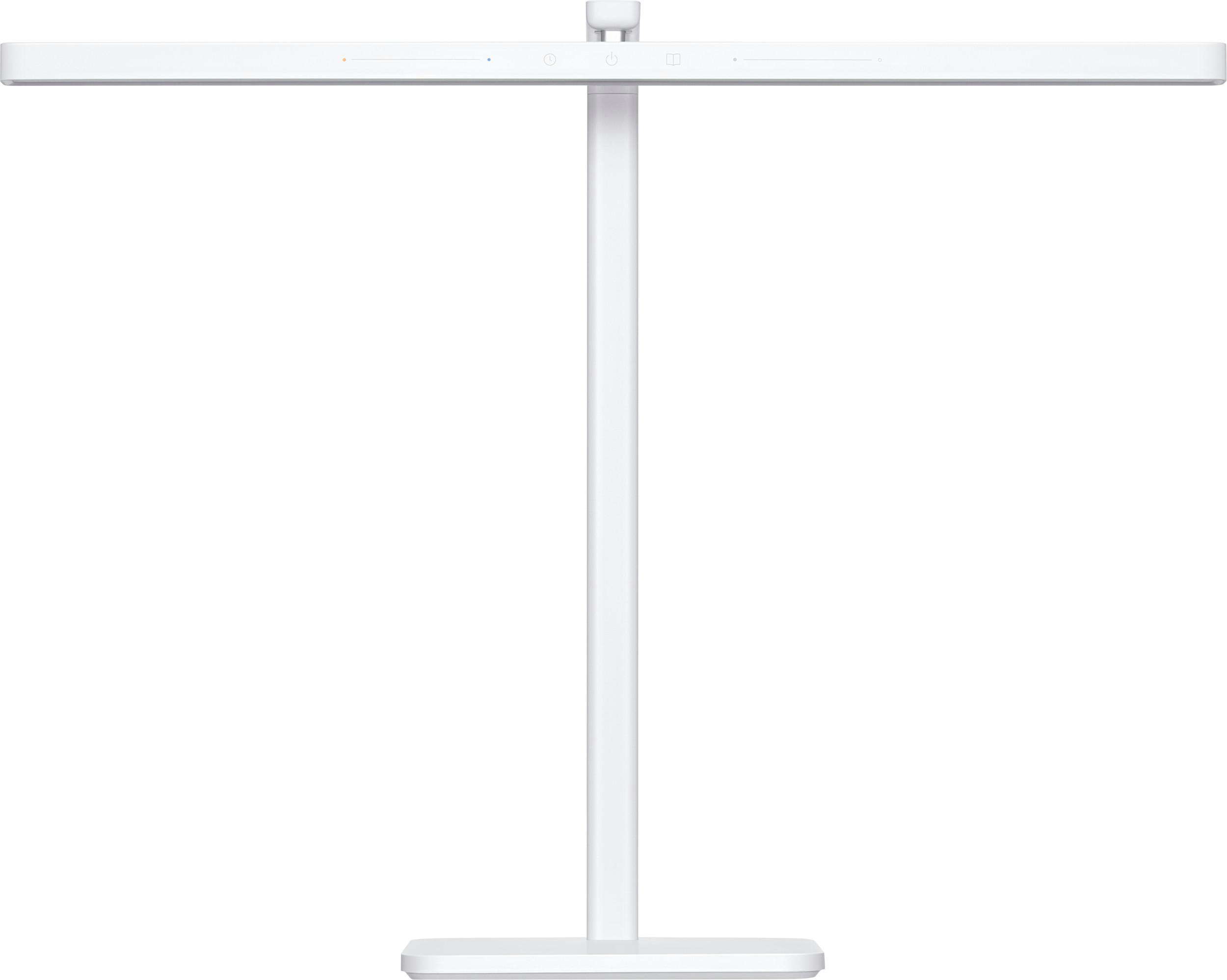 Eine weiße Schreibtischlampe mit einem langen, rechteckigen Licht. Sie hat einen vertikalen Ständer und einen rechteckigen Sockel.