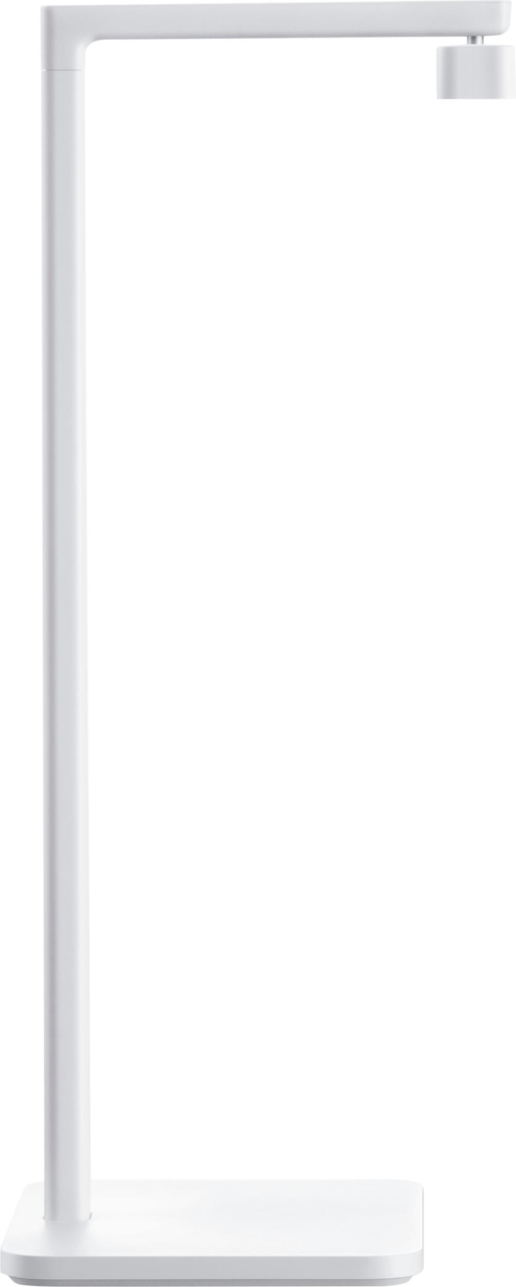 Eine weiße, minimalistische Lampe. Sie hat eine vertikale Stange, die mit einem horizontalen Arm verbunden ist, der in einer Lichtquelle endet.