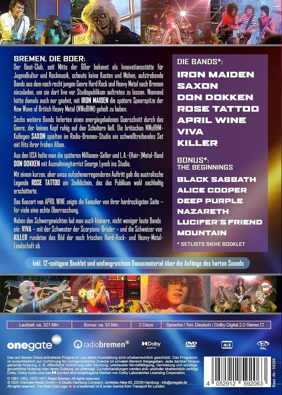 DVD-Cover mit Bandnamen wie Iron Maiden, Saxon und Don Dokken. Der Hintergrund zeigt Konzertfotos und Text.