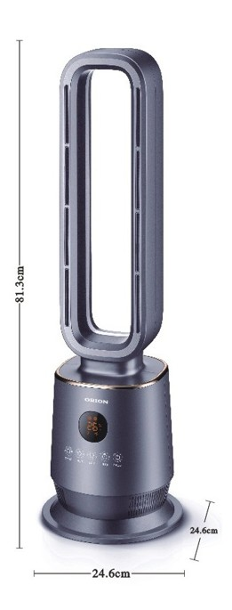 Egy szürke Orion ventilátor ovális testtel. Digitális kijelzője, arany díszítése van, méretei 24,6 cm x 24,6 cm x 81,3 cm.