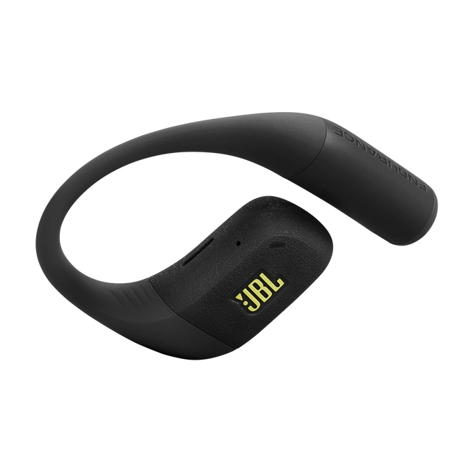 Egy fekete JBL Endurance vezeték nélküli fülhallgató. A fülhallgatón sárga JBL logó van. A háttér fekete.