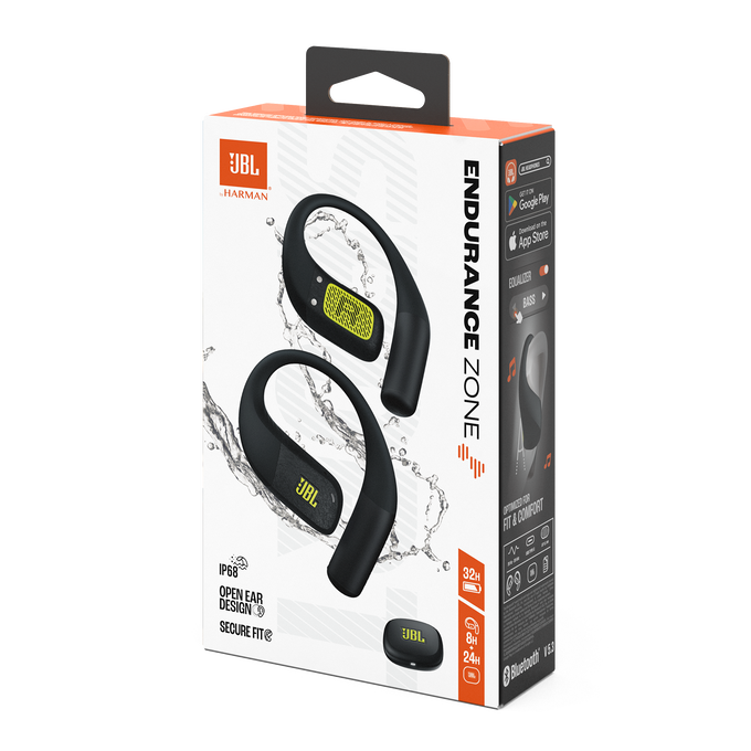 JBL Endurance Zone fülhallgató doboza. Fekete fülhallgatók sárga díszítéssel. A doboz a termék részleteit, a logót és a funkciókat mutatja.