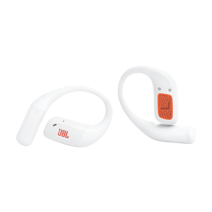 Két fehér JBL fejhallgató narancssárga díszítéssel. Az egyiken látható a JBL logó. Fülkampók láthatók.