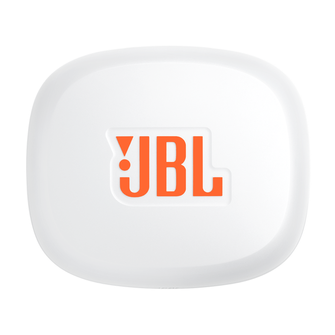 Fehér, lekerekített tok narancssárga JBL logóval. A logó középen helyezkedik el és kiemelkedik.