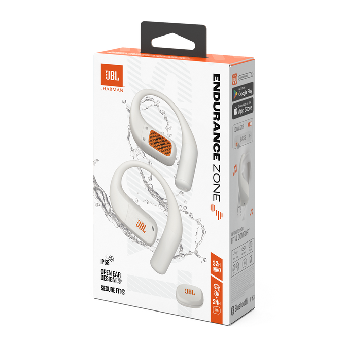 Fehér JBL Endurance Zone fülhallgatók narancssárga díszítéssel és töltőtokkal, JBL logóval és termékadatokkal ellátott dobozban.