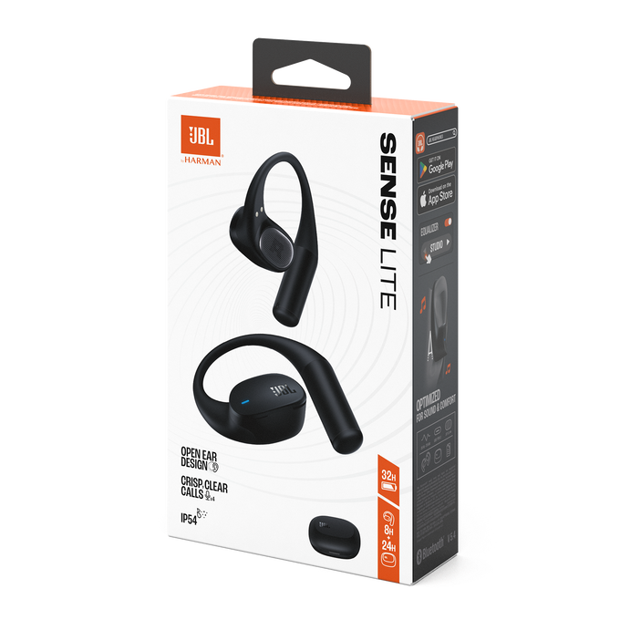 JBL Sense Lite fejhallgató doboz. Fekete fejhallgatók láthatók. A dobozon a JBL logója, termékinformációk és az alkalmazás letöltési adatai láthatók.