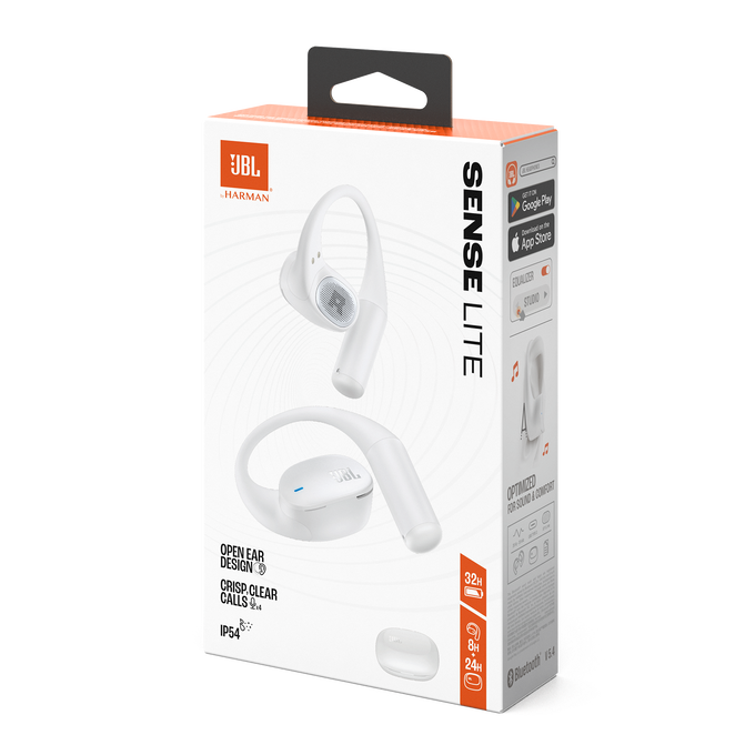 Fehér JBL Sense Lite fülhallgató doboz. A doboz a terméket, annak jellemzőit, valamint a JBL és Harman logókat mutatja.