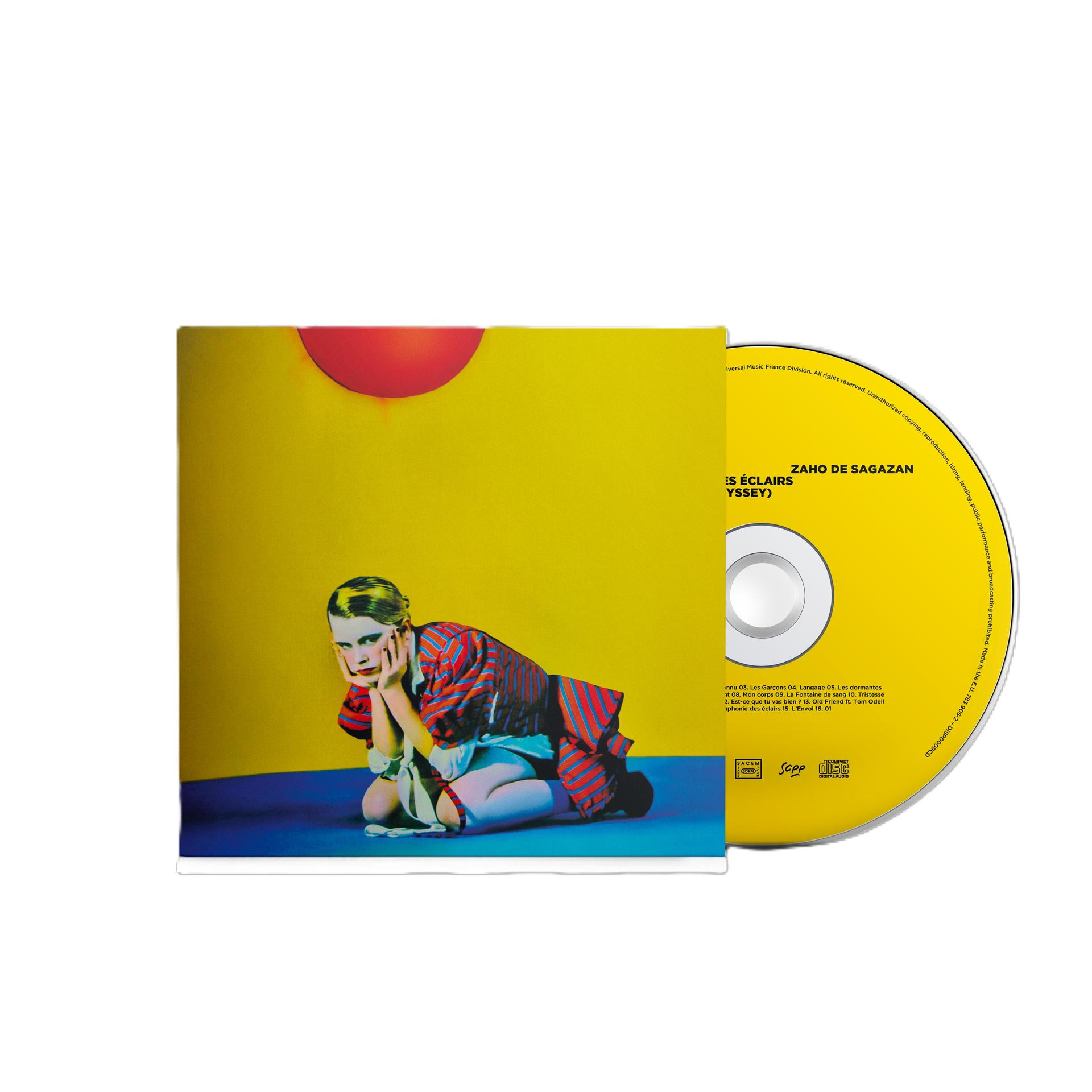 CD-Cover mit einer knienden Person in gestreiftem Hemd vor gelbem Hintergrund. Eine CD ist sichtbar.