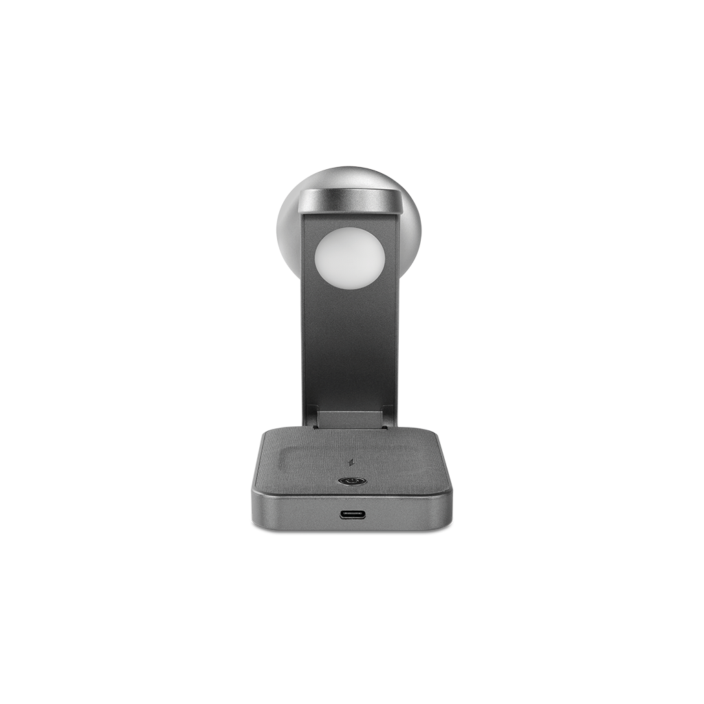 Gri bir şarj istasyonu, taban, beyaz ışıklı bir stand ve saat için bir üst kısım. USB-C bağlantı noktası görülebilir.