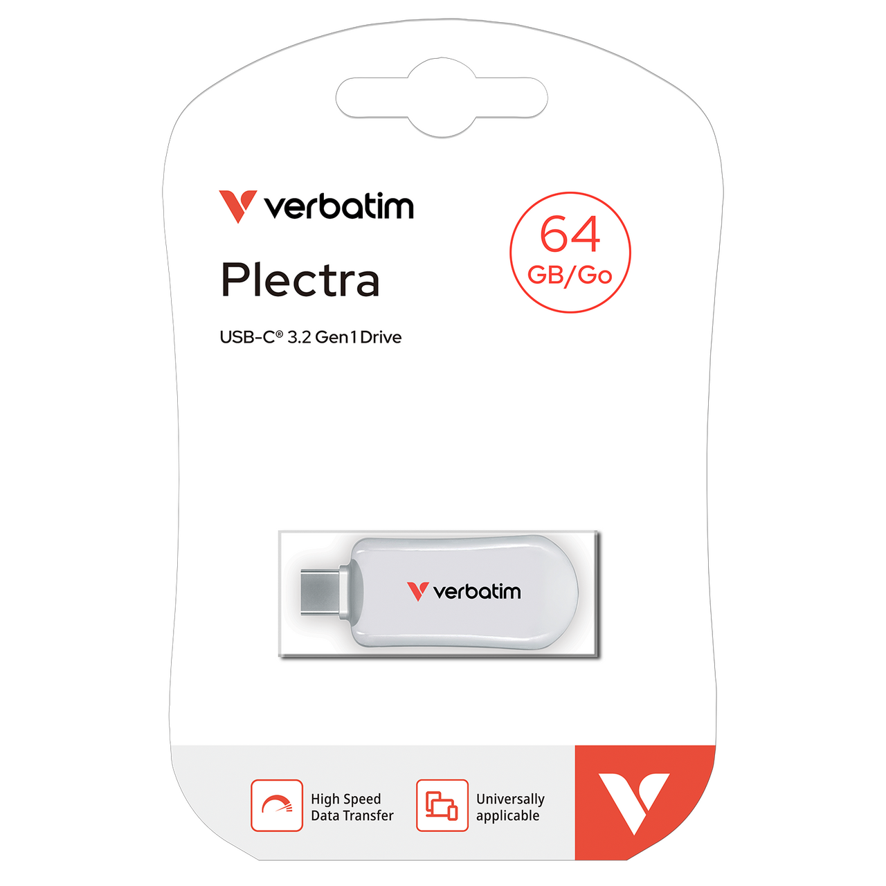 Bir Verbatim Plectra USB-C 3.2 Gen 1 Sürücü, 64 GB/Go, paketlenmiş. Beyaz, Verbatim logosu ve hız ve uyumluluk simgeleriyle.