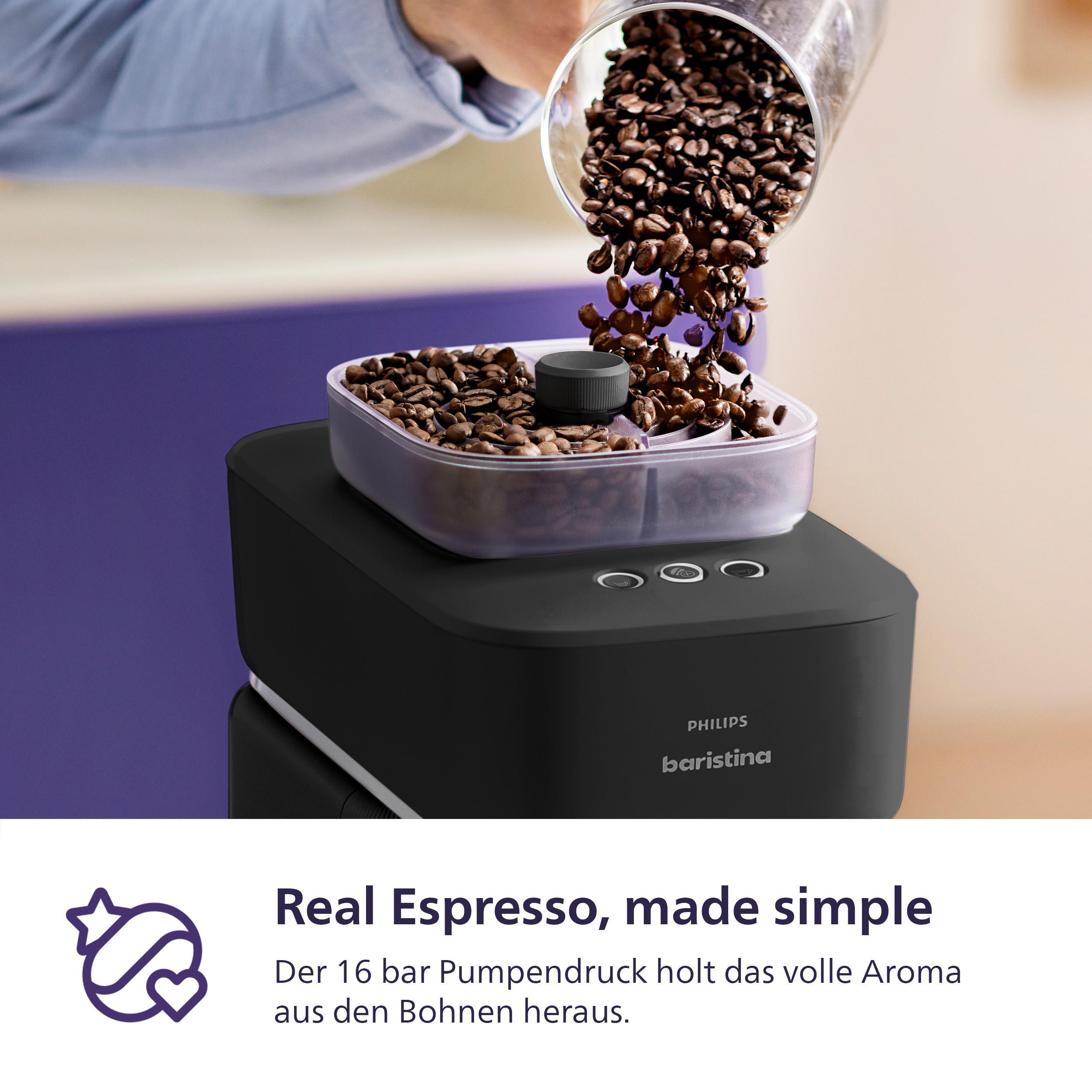 Kaffeebohnen gießen in einen Behälter auf einer schwarzen Kaffeemaschine. Philips Baristina Logo sichtbar.