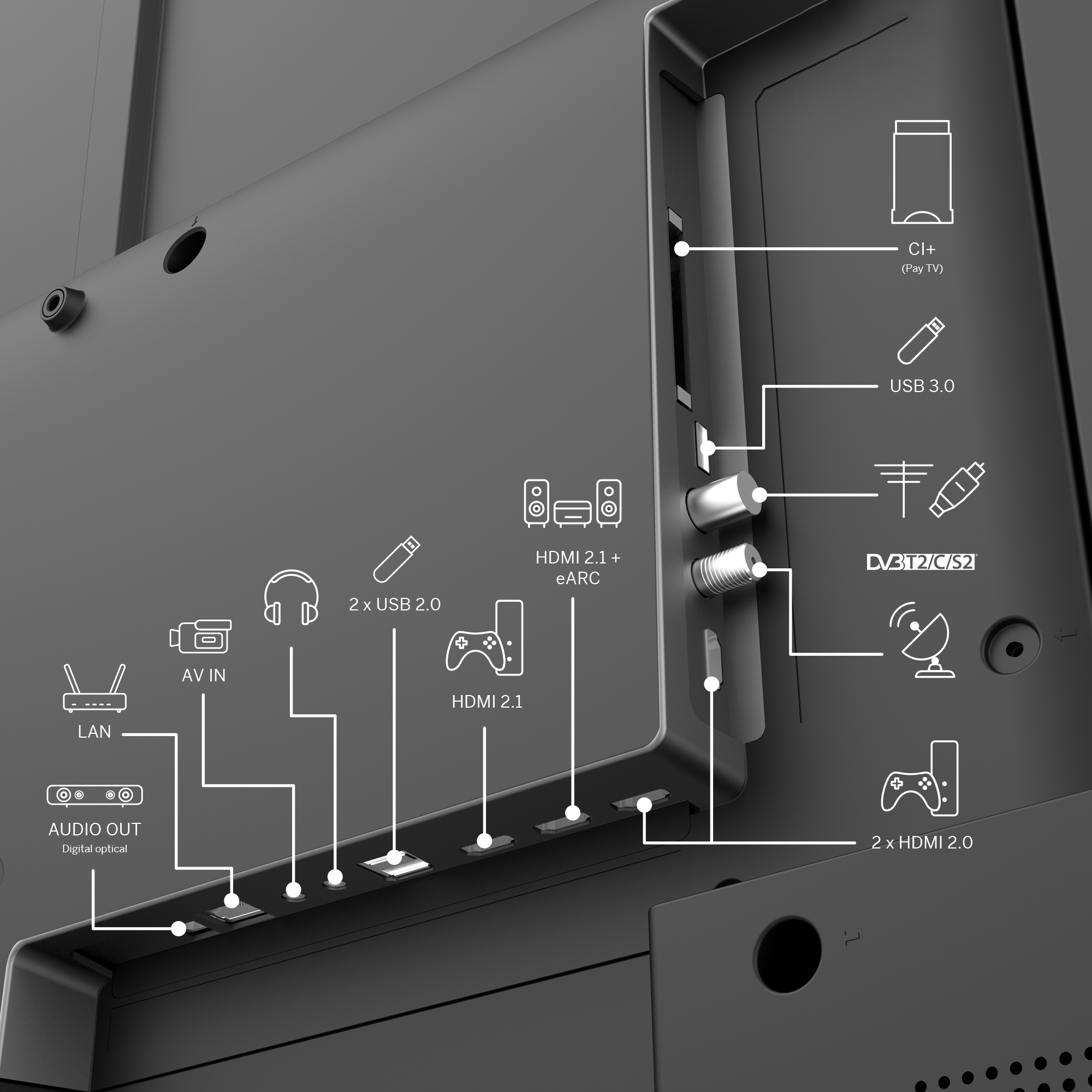 LAN, HDMI, USB ve ses çıkışları dahil olmak üzere çeşitli bağlantı noktaları etiketli bir TV'nin arka görünümü.