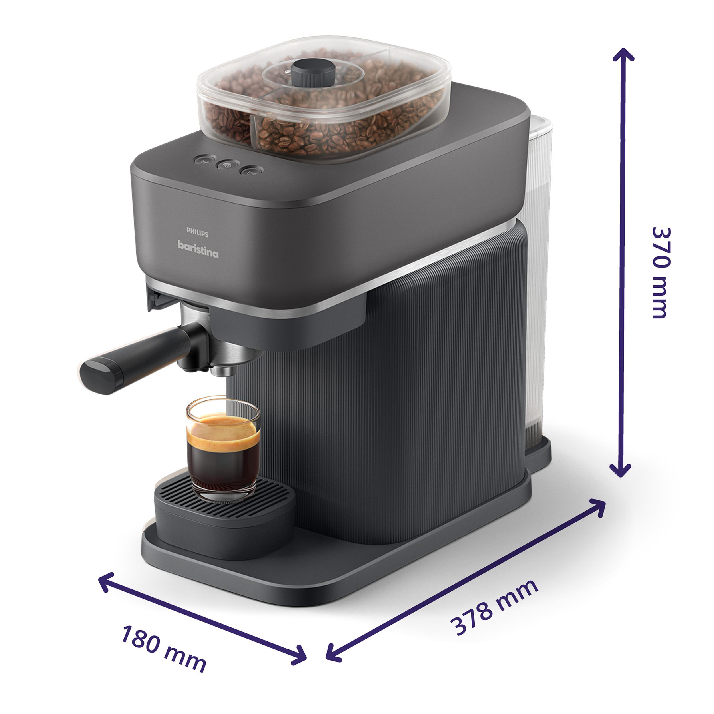 Eine Philips Baristina Kaffeemaschine. Sie hat einen Bohnenbehälter, einen Siebträger und ein Glas mit Kaffee. Abmessungen werden gezeigt.