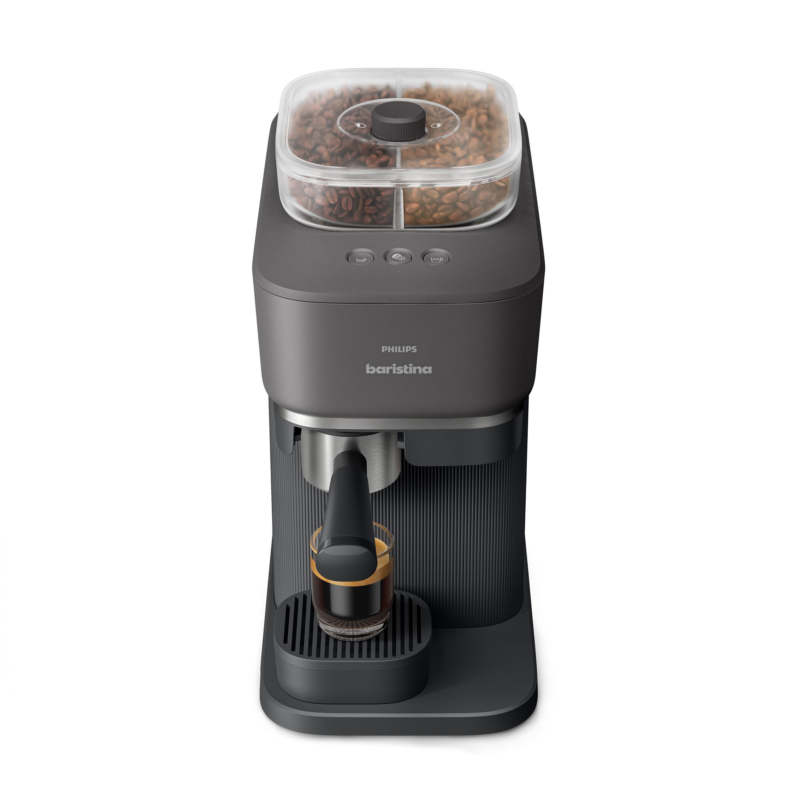 Eine Philips Baristina Kaffeemaschine. Sie hat einen Bohnenbehälter oben, ein Glas Kaffee unten, alles auf weißem Hintergrund.