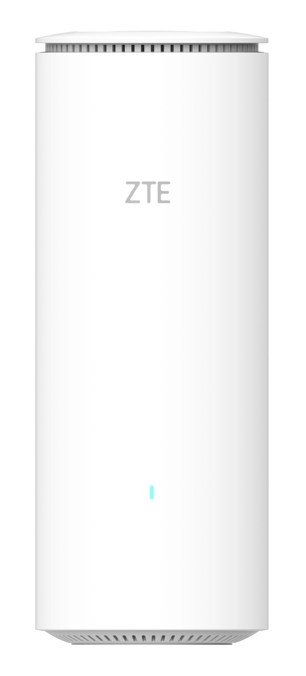 Białe cylindryczne urządzenie z logo ZTE. Ma światło i kratkę na górze. Tło jest czarne.