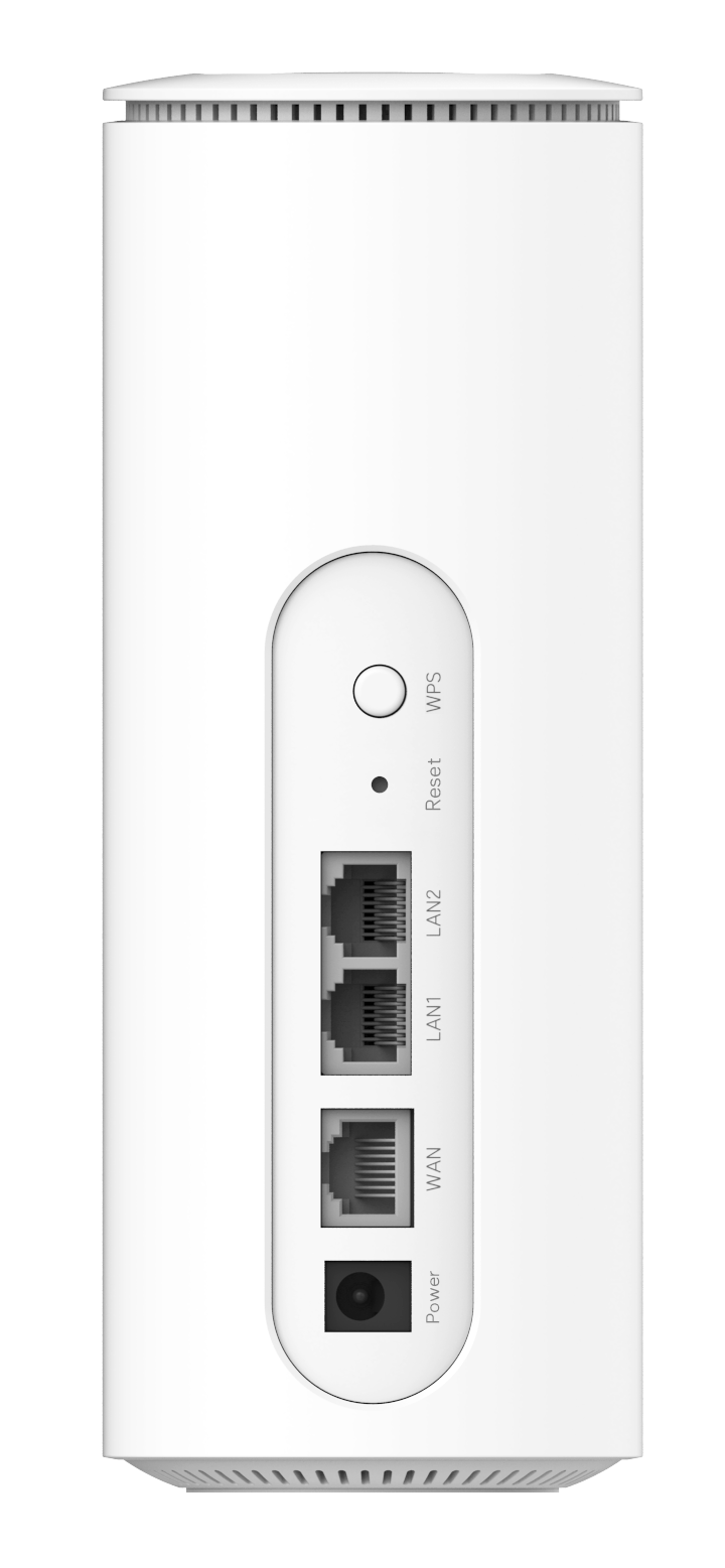 Biały, cylindryczny router. Posiada porty WAN, LAN1 i LAN2 oraz port zasilania, przyciski reset i WPS.