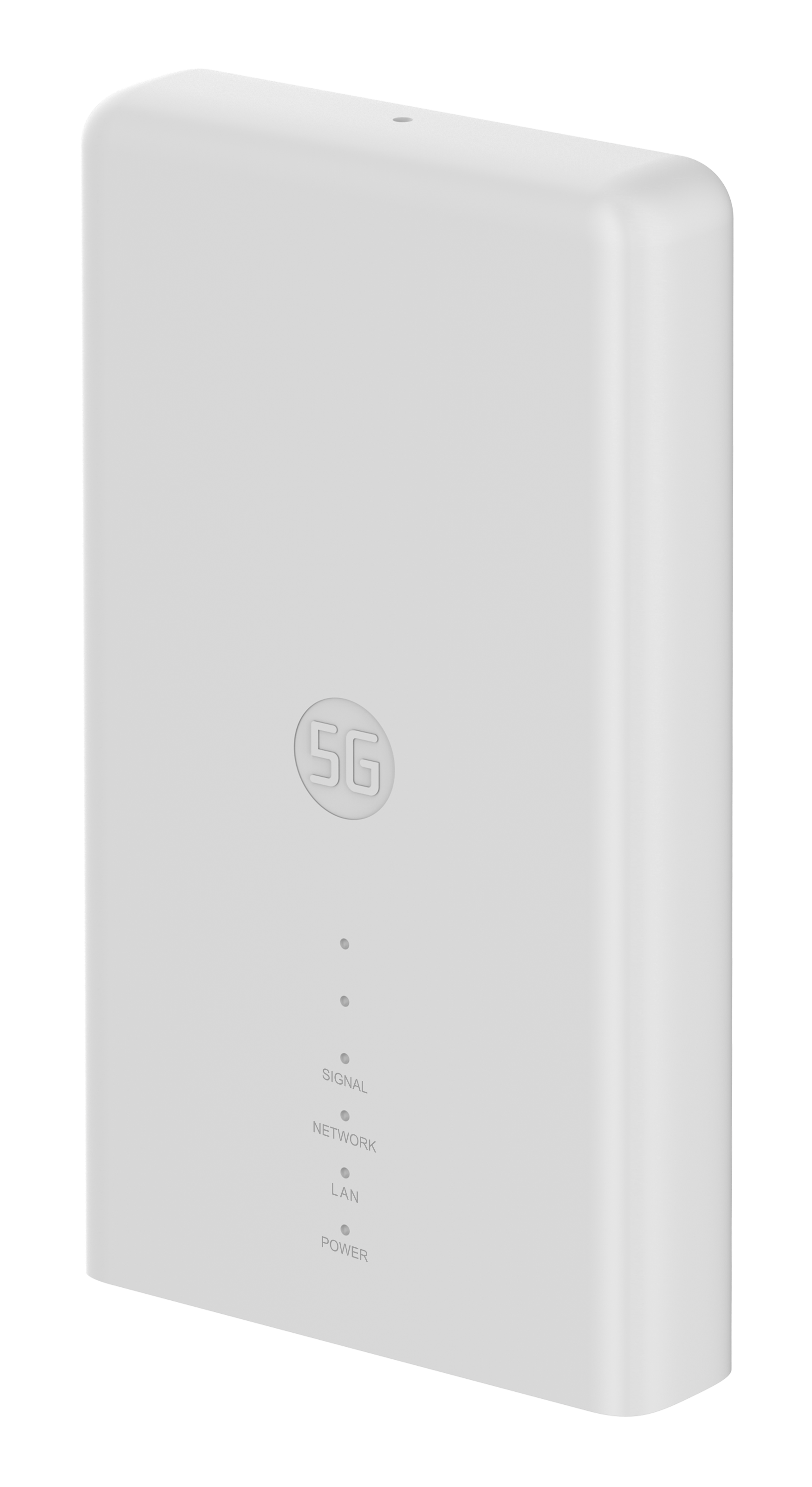 Biały router 5G. Posiada logo 5G, wskaźniki sygnału, sieci, LAN i zasilania. Tło jest ciemne.