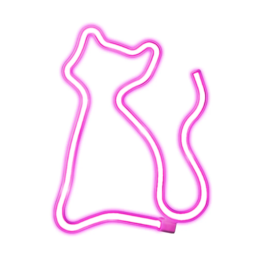 Eine rosa Neon-Katzen-Silhouette auf weißem Hintergrund. Die Katze ist stilisiert mit Kopf, Körper und Schwanz in einer durchgehenden Linie.