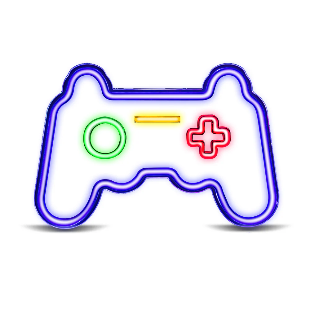 Ein leuchtender Neon-Gamecontroller. Er hat einen blauen Umriss, einen grünen Kreis, eine gelbe Linie und ein rotes Kreuz, alles auf weißem Grund.