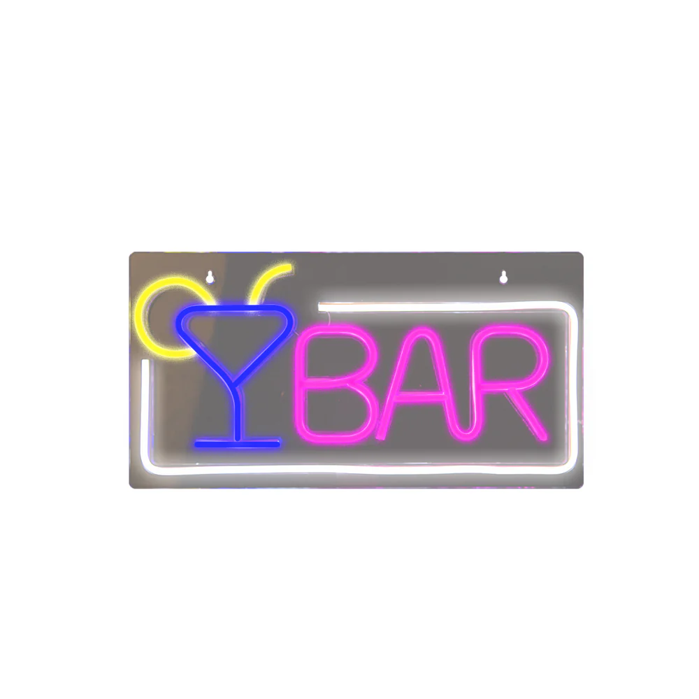Ein Neon-Schild für eine Bar mit einem Cocktailglas und dem Wort "BAR" in Pink. Das Schild befindet sich auf einem rechteckigen grauen Hintergrund.