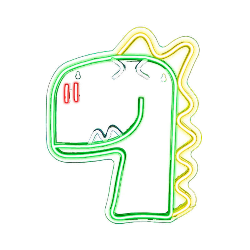 Ein Neonschild in Form eines Dinosaurierkopfes. Es hat grüne und gelbe Umrisse, rote Augen und einen lächelnden Mund. Weißer Hintergrund.