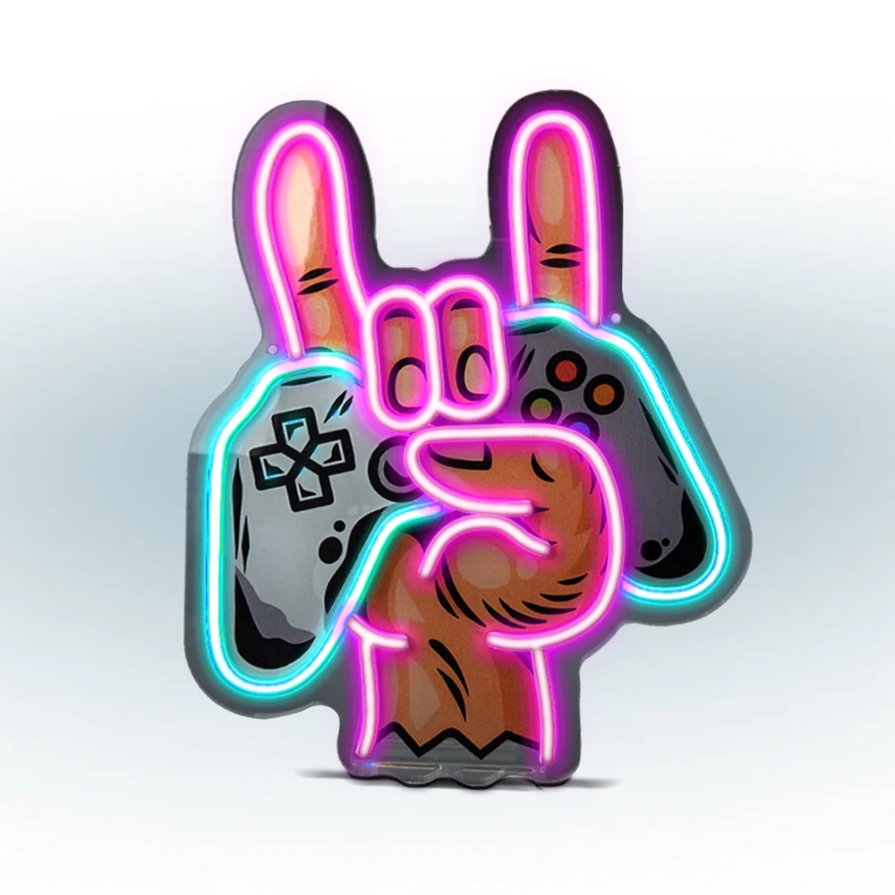 Neonschild einer Hand, die das Rock-On-Zeichen macht, mit zwei Gamecontrollern im Hintergrund und einem weißen Hintergrund.