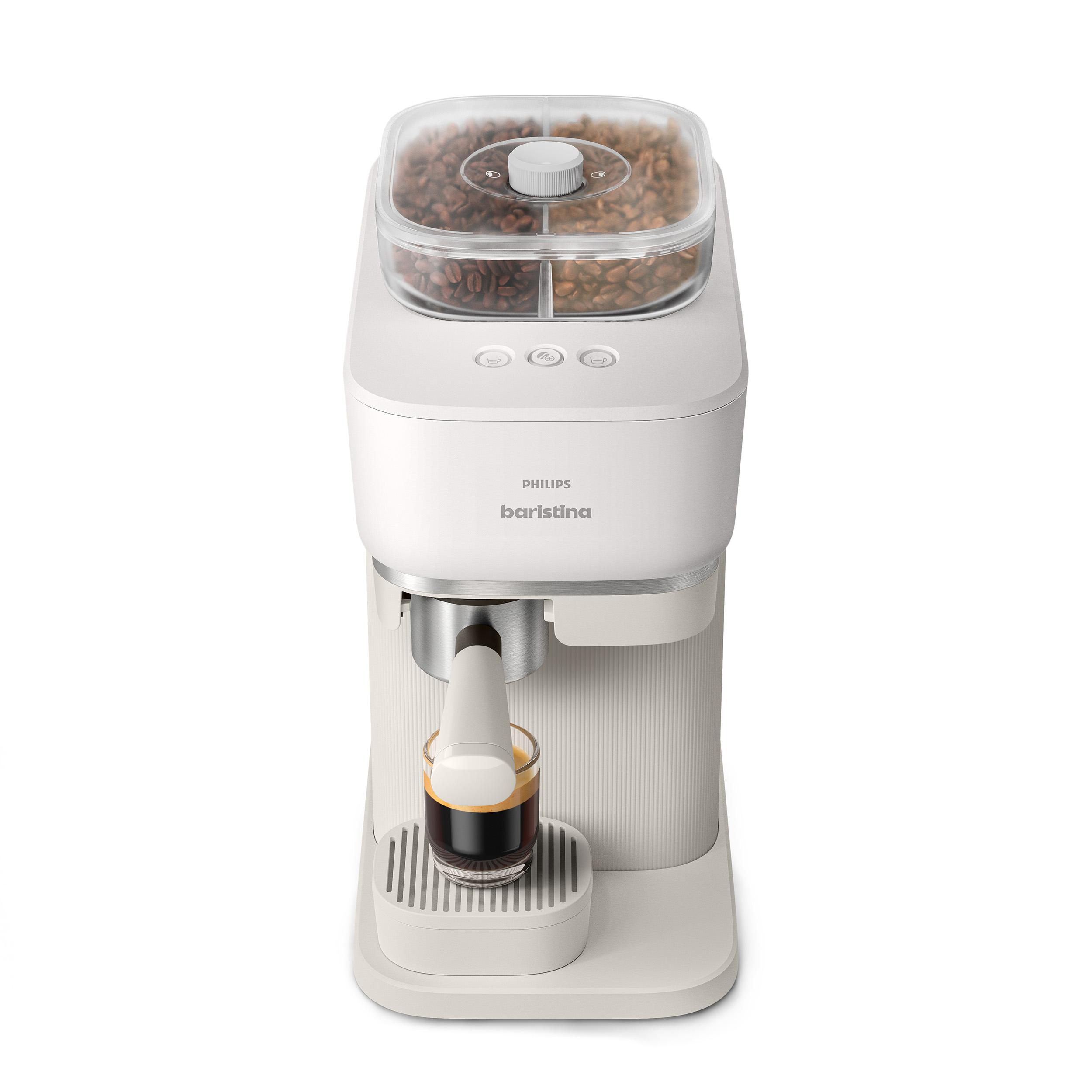 Eine weiße Philips Barista-Kaffeemaschine mit zwei Bohnenfächern. Unter dem Auslauf steht ein Glas Kaffee.