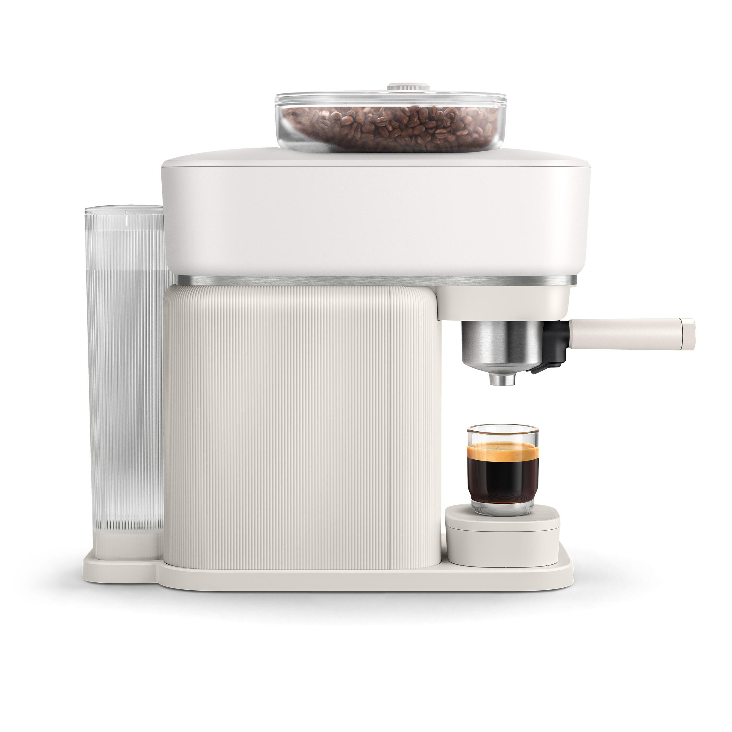 Eine cremefarbene Espressomaschine mit einem Glasbehälter für Bohnen und einem Glas Espresso. Auf der linken Seite befindet sich ein Wassertank.