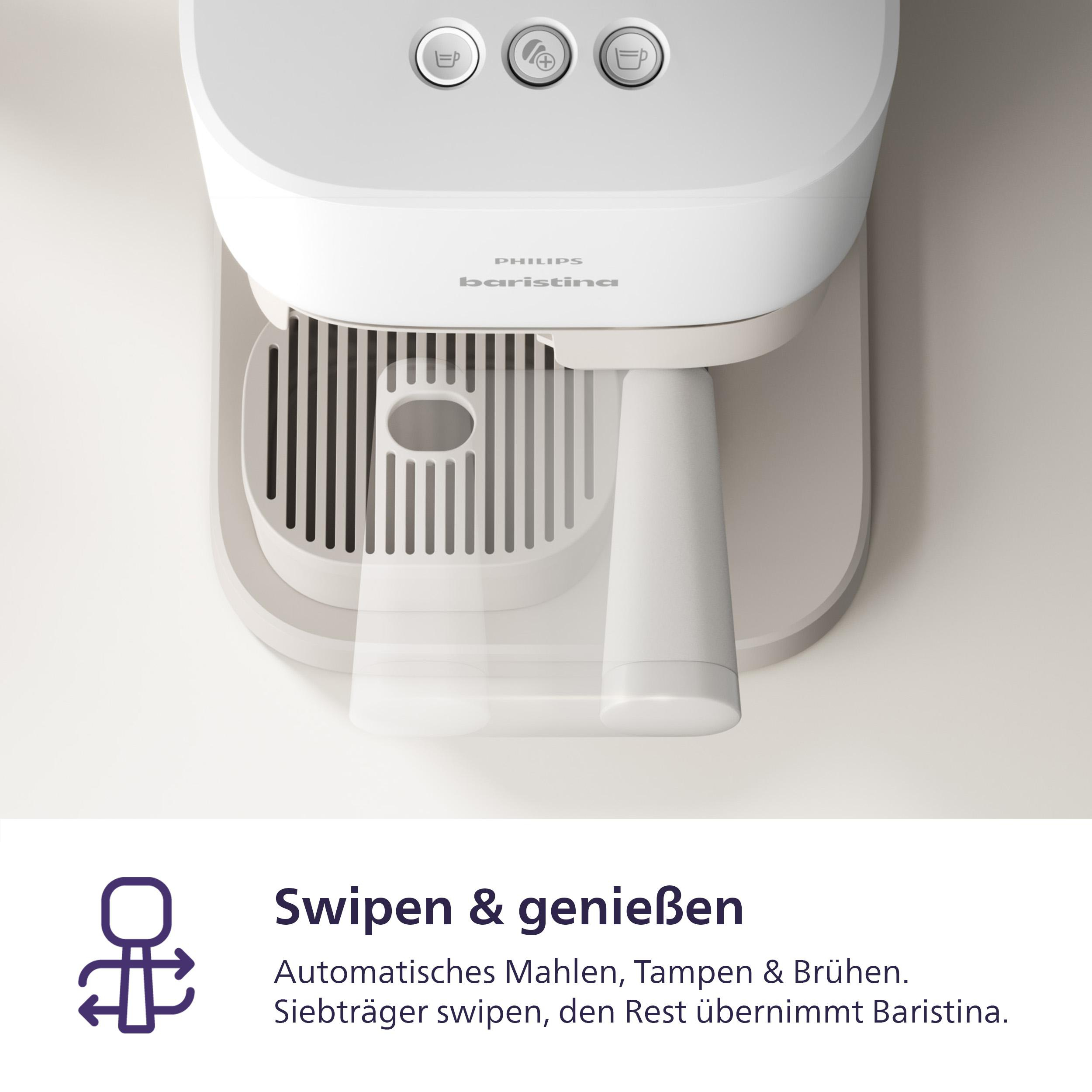 Eine weiße Philips Baristina Kaffeemaschine mit drei Knöpfen. Sie hat einen Siebträger und einen Griff, vor weißem Hintergrund.