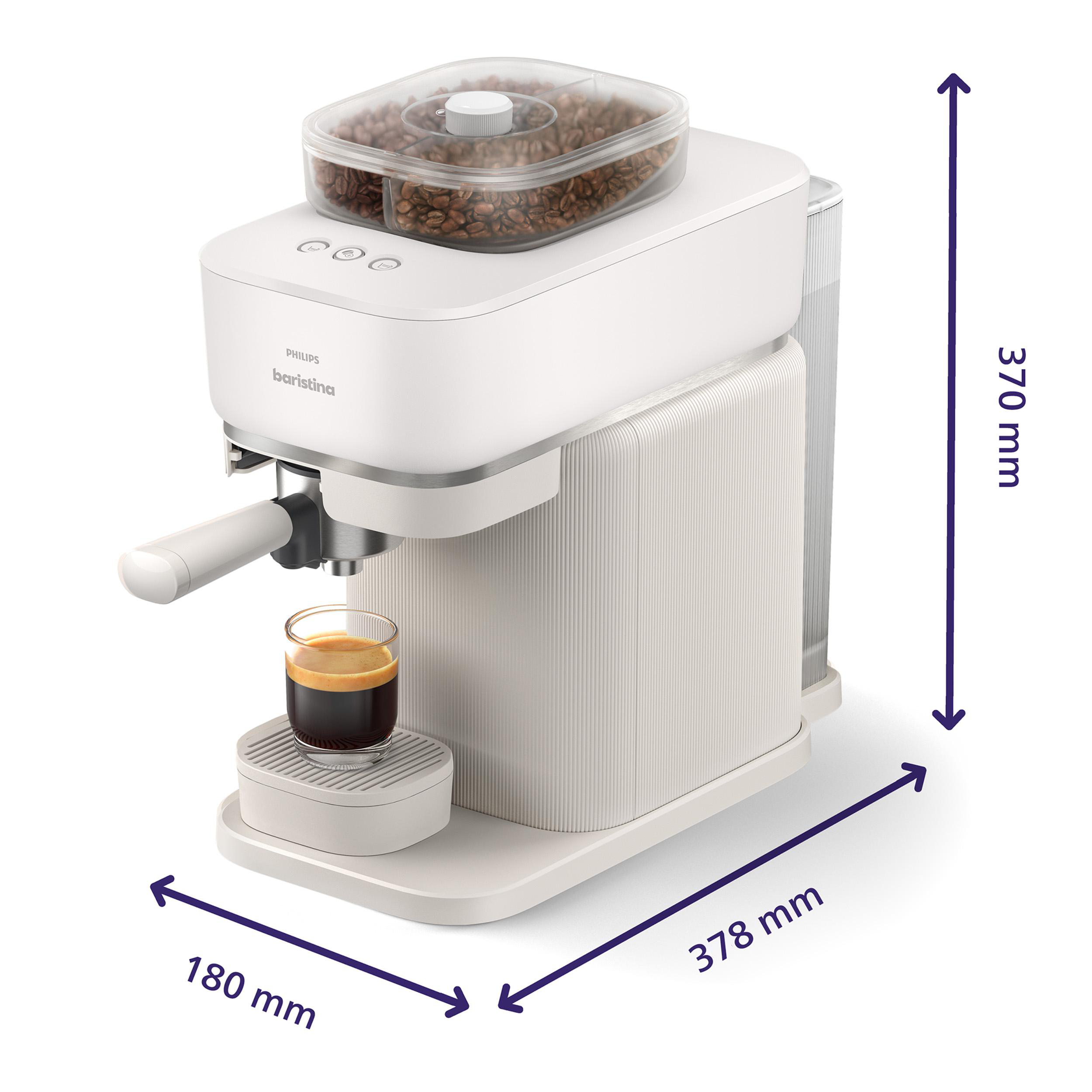 Weißer Philips Baristina Espressoautomat mit Kaffeebohnenbehälter, einem Glas Kaffee und Abmessungen.