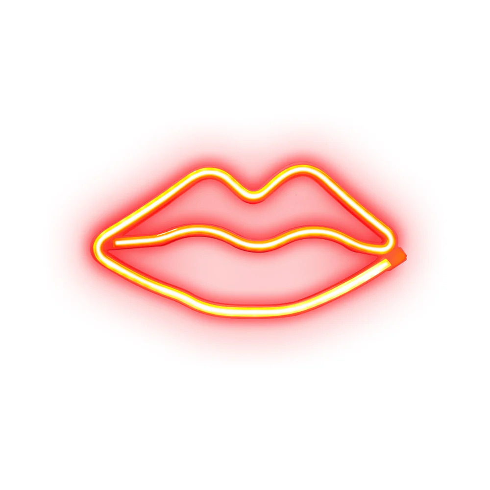 Neonlippen in Rot und Gelb auf weißem Hintergrund. Die Kontur der Lippen ist beleuchtet. Der Hintergrund ist weiß.